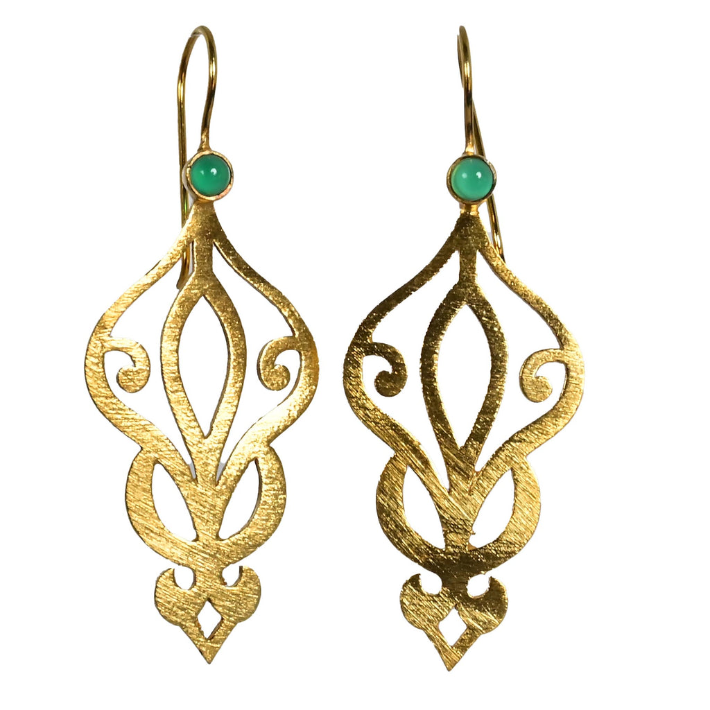 Buy Long Dangle Gemstone Earrings with Green Onyx 24K Gold on Brass