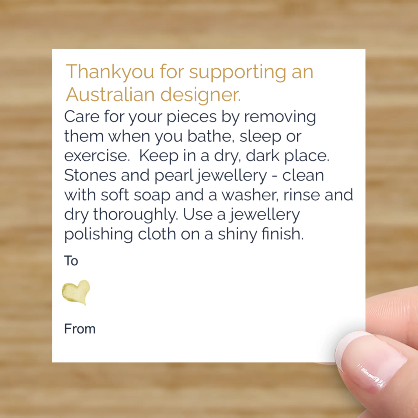 Small white promotional cards 6.9 cm x 6.9 cm with Australian Designer