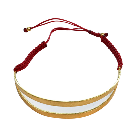 Euro Gold cuff bangle with waxed red cotton connection A240.