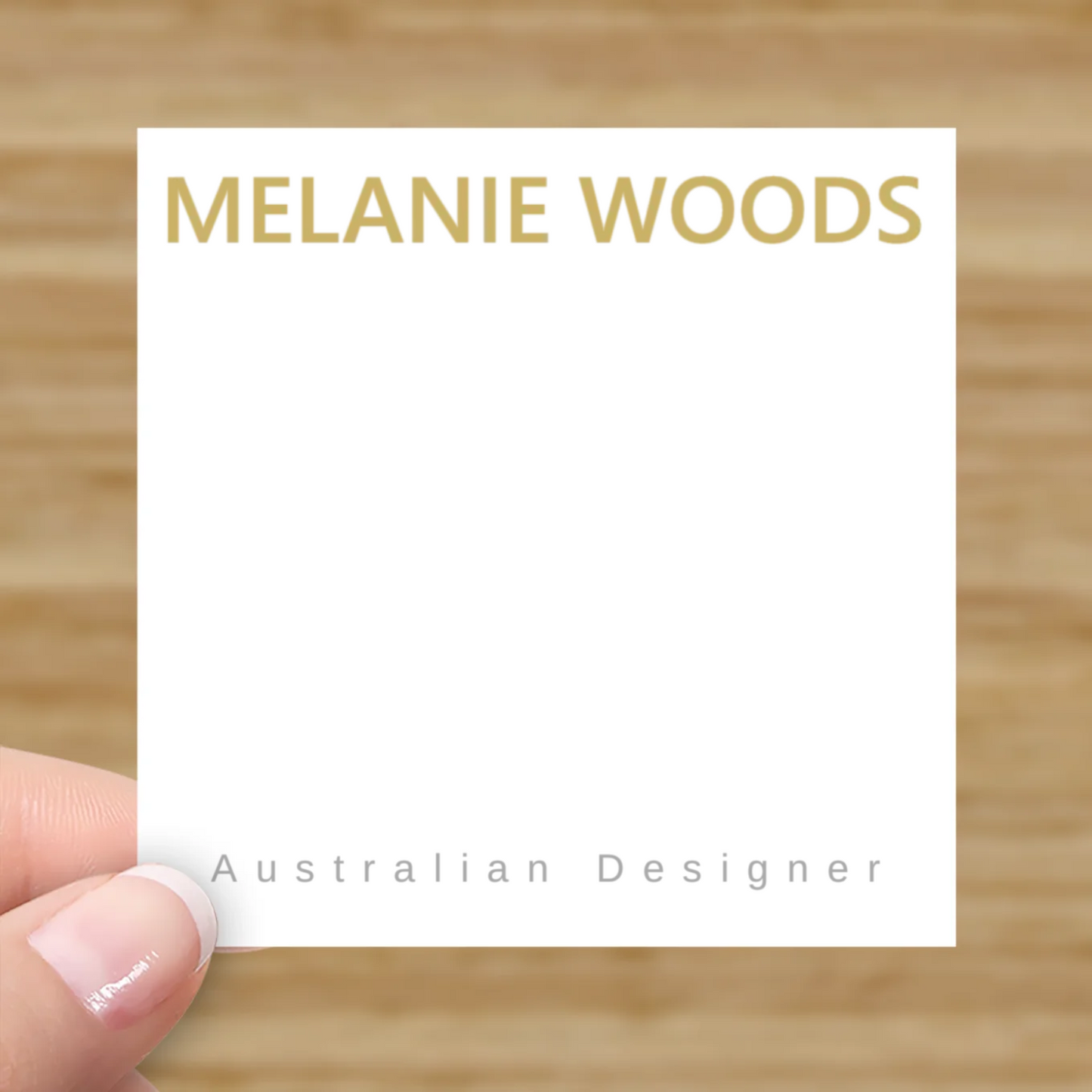 Small white promotional cards 6.9 cm x 6.9 cm with Australian Designer