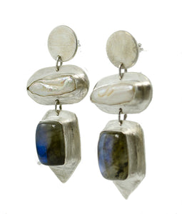 Laboradorite  and Biwa Pearl Earrings Lux matte finish. AIELB2.89.
