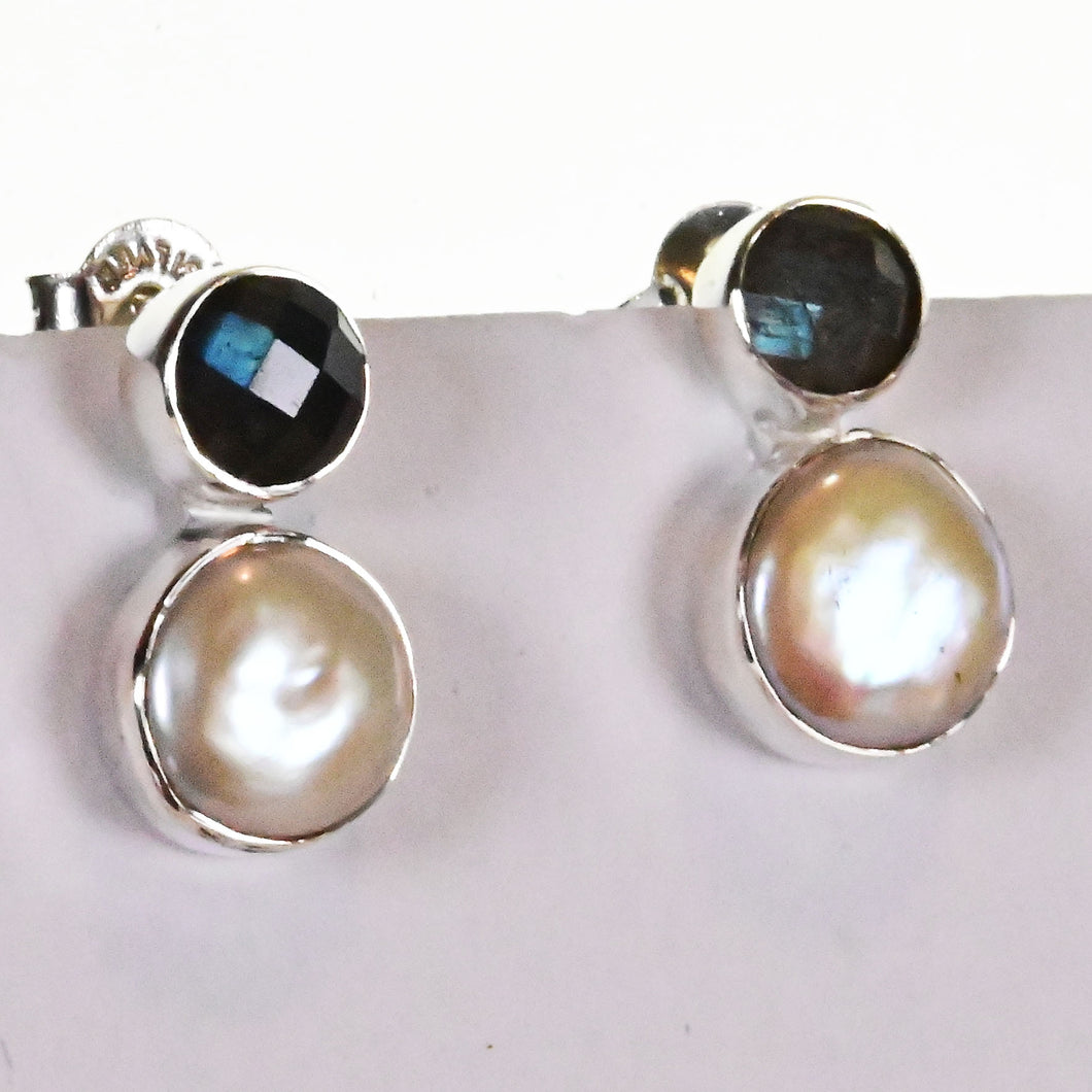 Sterling Silver Stud Earrings with gemstones and pearls. IAE22051 Lux