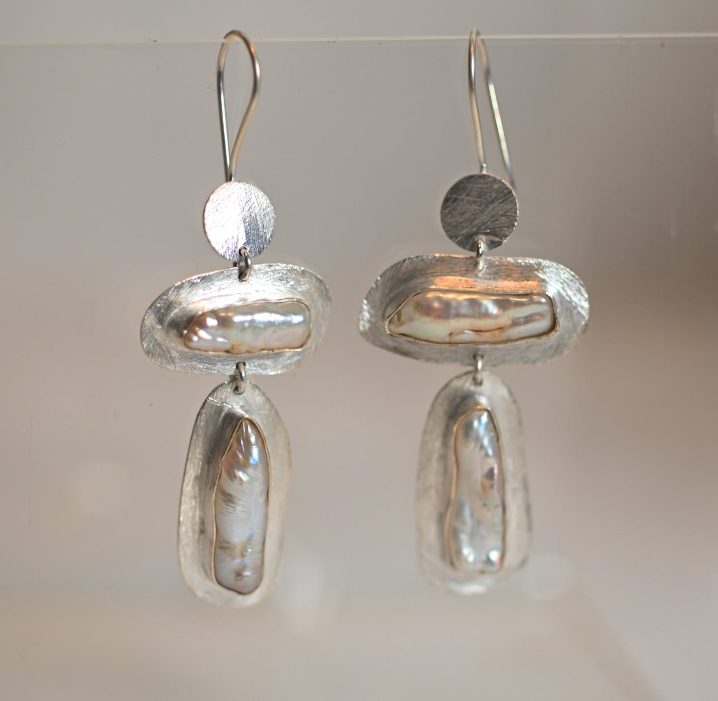 Biwa Pearl and Gemstone- Hook Earrings pattern finish Lux