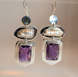 Biwa Pearl and Gemstone- Hook Earrings High Polish Sterling Silver Lux