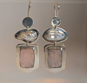 Biwa Pearl and Gemstone- Hook Earrings High Polish Sterling Silver Lux
